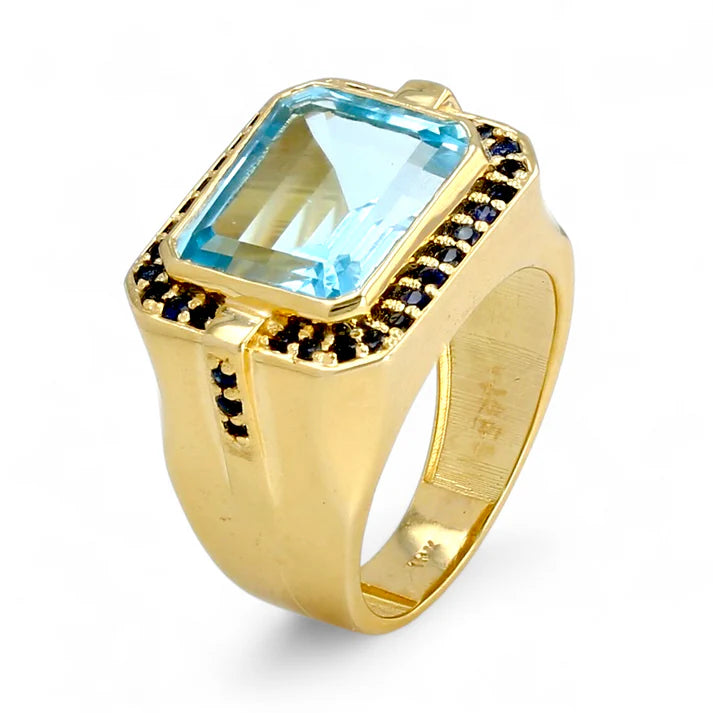 10K Gold Natural Topaz Halo Blue Sapphire Ring