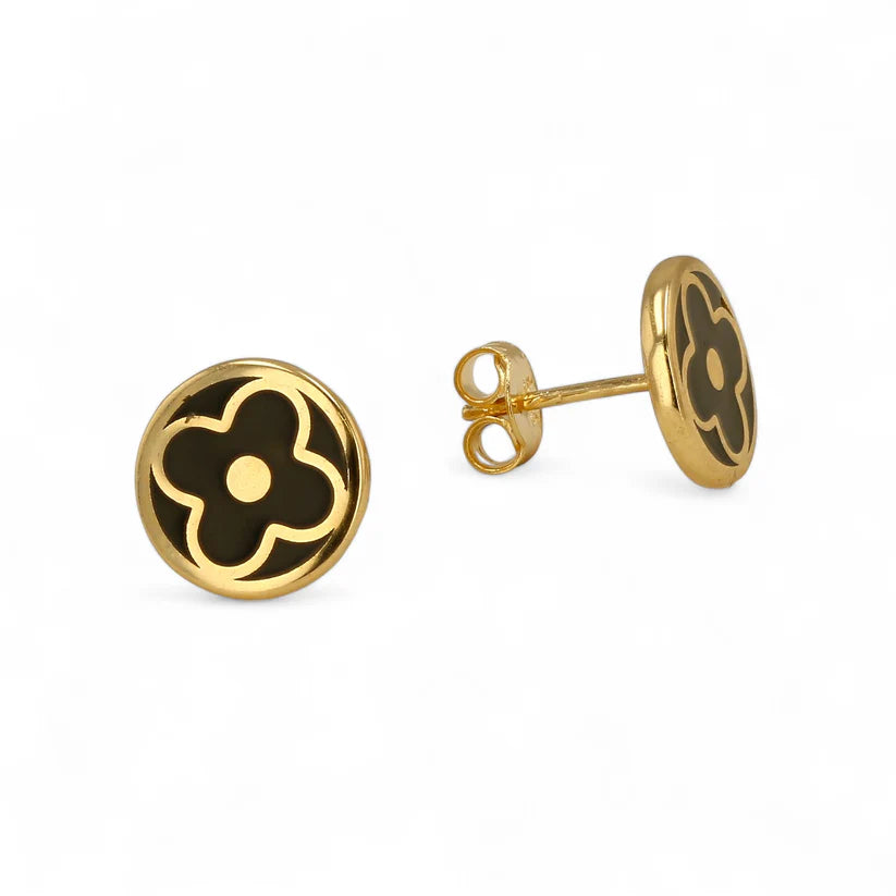 14K  Gold Onyx Enamel Clover Studs earrings