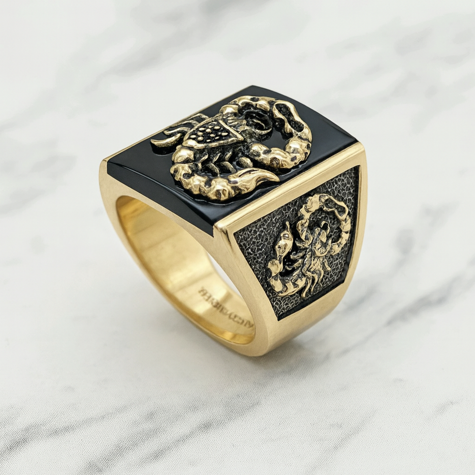 14K Solid Gold Scorpion Onyx Ring