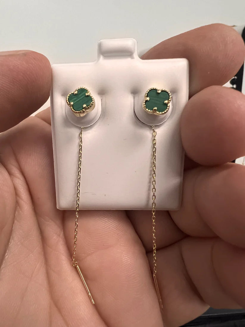 14K Gold Malachite Clover Dangling earrings