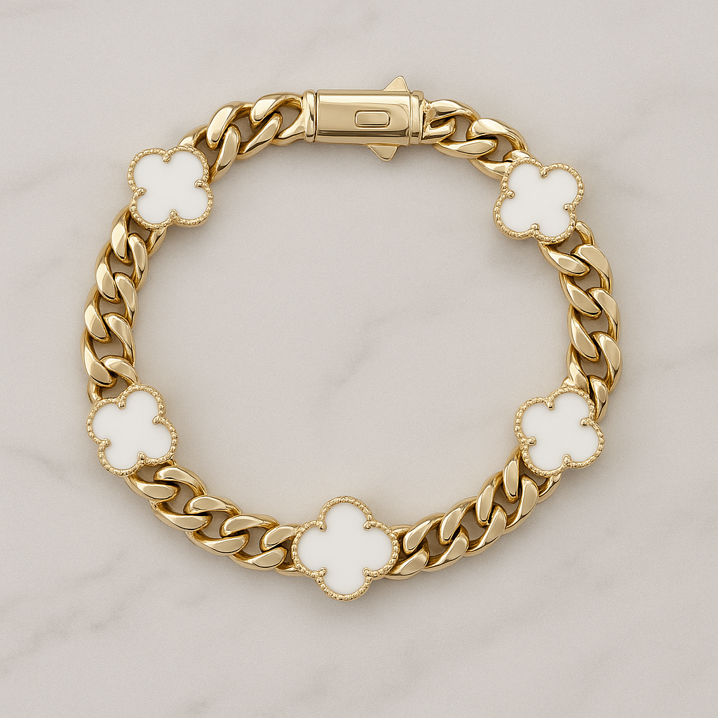 14K Gold Clover White Monaco Bracelet