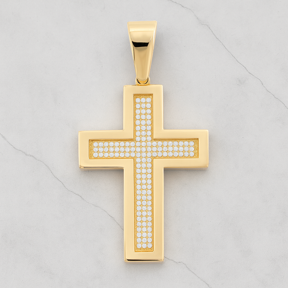 14K Gold Cross Stones Pendant