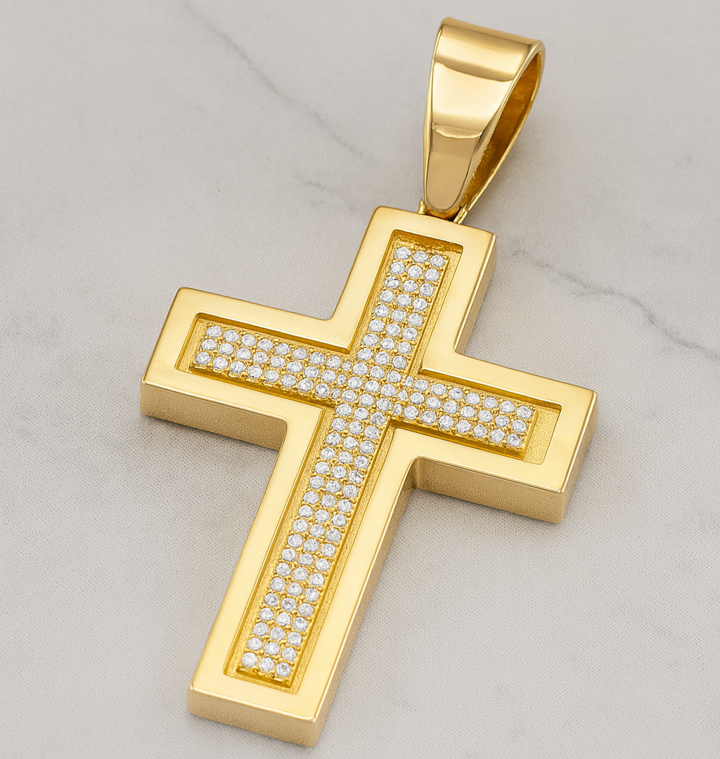 14K Gold Cross Stones Pendant