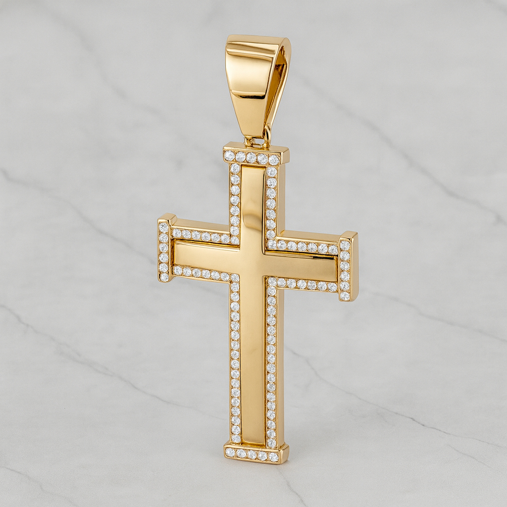 14K Gold Cross Edge Stones Pendant