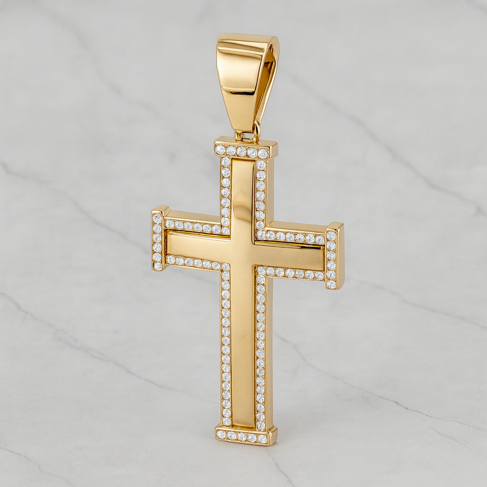14K Gold Cross Edge Stones Pendant