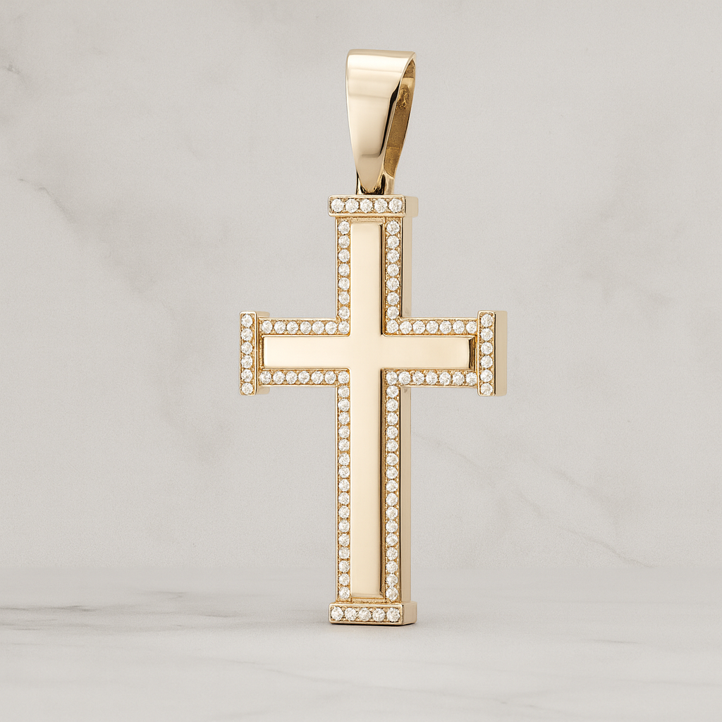 14K Gold Cross Edge Stones Pendant