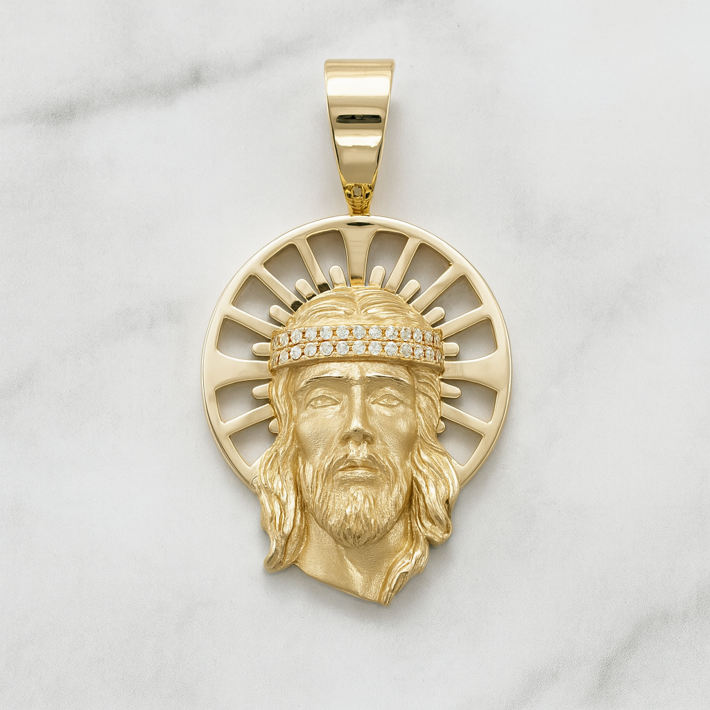 14K Gold Jesus Face Round Background Pendant