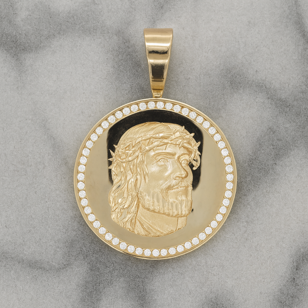 14K Gold Jesus Face Round Mirror Pendant