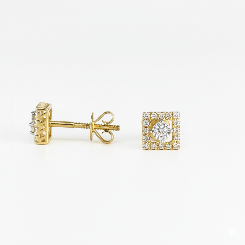14K Yellow Gold Square Diamond Stud Earrings