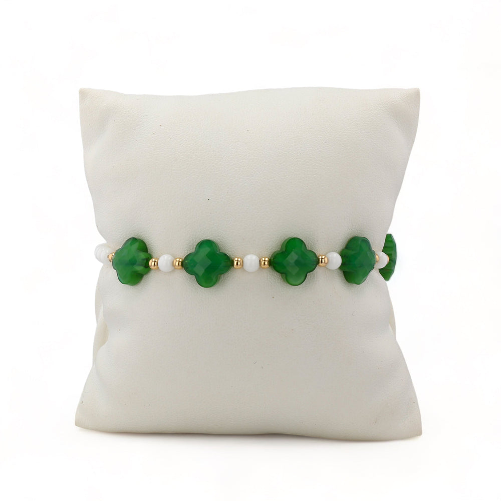14K Yellow gold white agate green emerald color clover bracelet