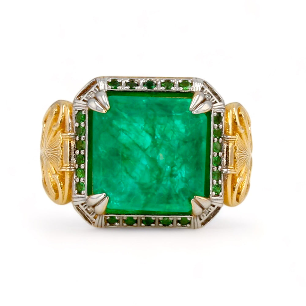 14K Yellow Gold Solid Floral 13*13 Emerald Ring (Special Order)