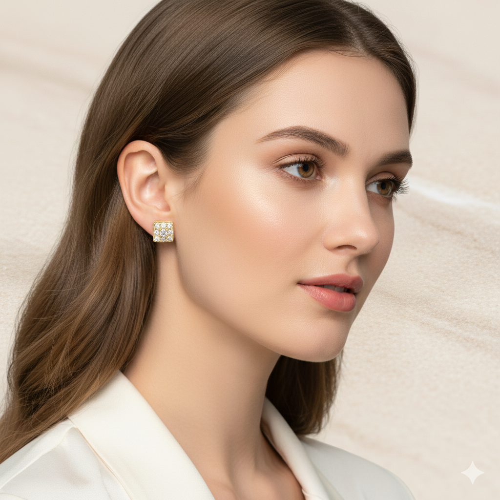 14K Yellow Gold Square Diamond Stud Earrings