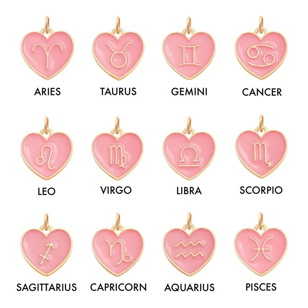 14K Yellow gold pink enamel heart zodiac 25mm pendant