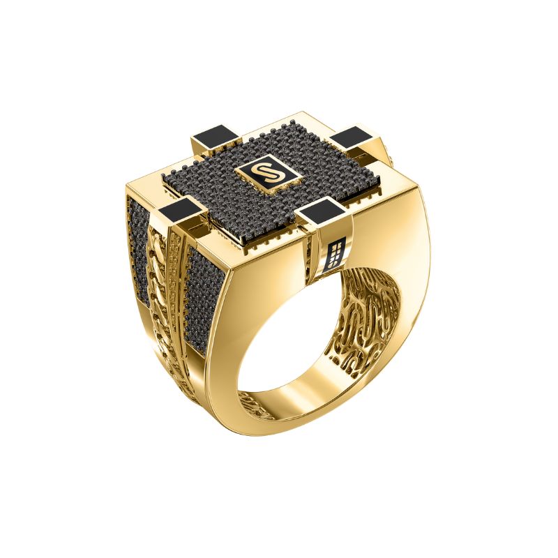 10Kt Yellow Gold Black Square Monaco Ring