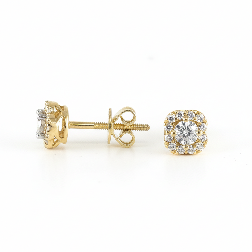 14K Yellow Gold Flower Diamond Stud Earrings