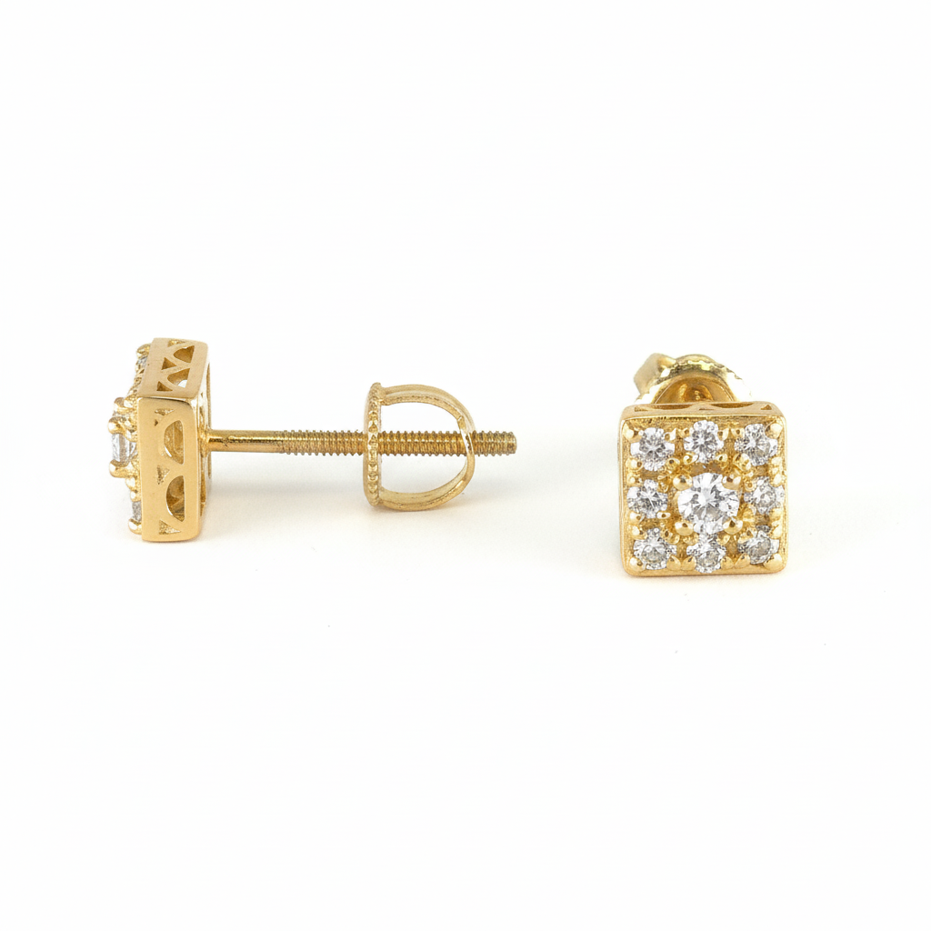 14K Yellow Gold Square Diamond Stud Earrings