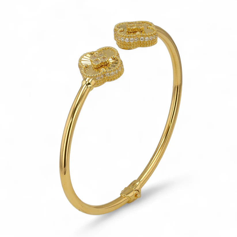 14K Gold Diamond cut Clover bangle