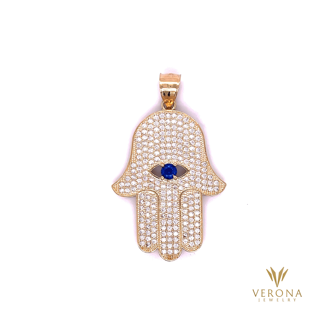 14Kt Gold Hamsa Blue Pendant