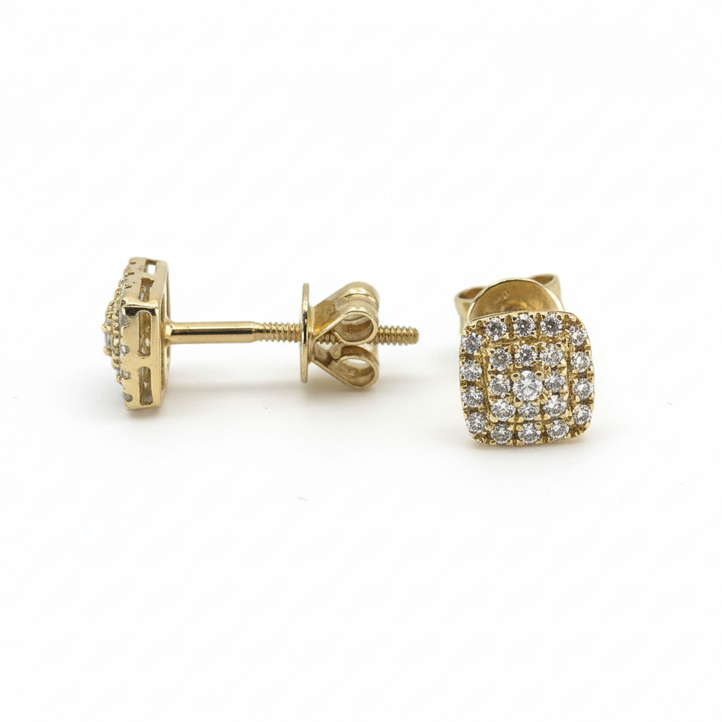 14K Yellow Gold Square Diamond Stud Earrings
