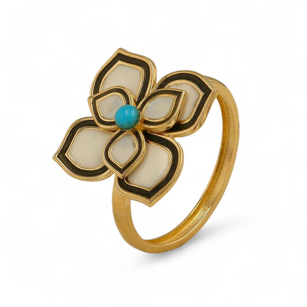 14K Gold Lotus Ring with Turquoise Cabochon