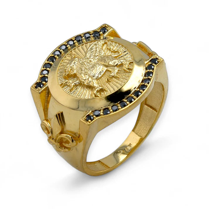 14Kt Gold Lion Black Diamonds Ring