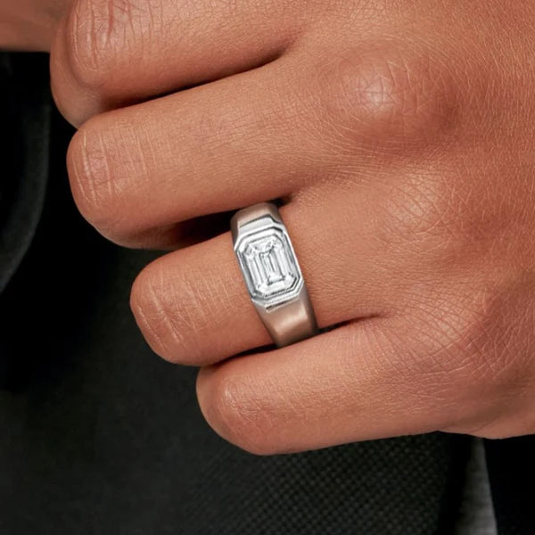 14k White Gold Mens Emerald Cut Diamond Wedding Band