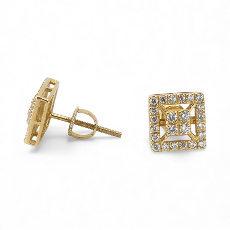 14K Yellow Gold Square Diamond Stud Earrings