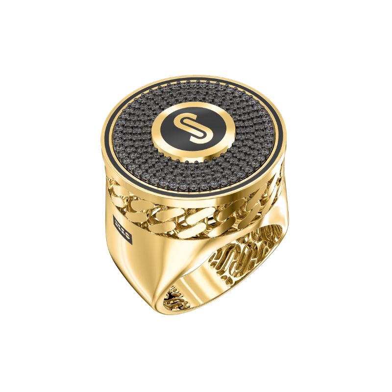 10Kt Yellow Gold Black Round Monaco Ring