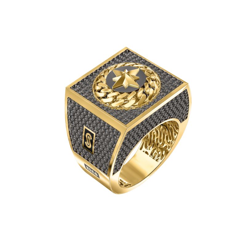 10Kt Yellow Gold Black Round Monaco Ring