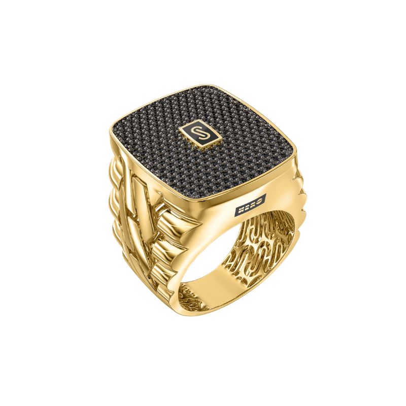 10Kt Yellow Gold Black Round Monaco Ring